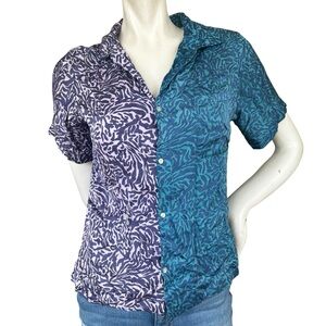 Anthropologie Tiny Purple Blue Abstract Colorblock Silky Collared Button Down XS